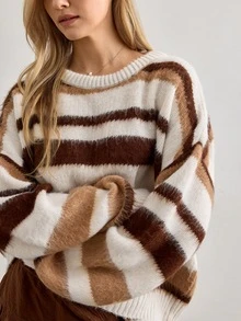 Cloudara Hairy Ombre Stripe Casual Knit Sweater - Brown - View 5