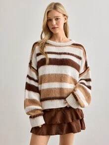 Cloudara Hairy Ombre Stripe Casual Knit Sweater - Brown - View 4