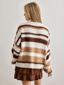 Cloudara Hairy Ombre Stripe Casual Knit Sweater - Brown - View 2