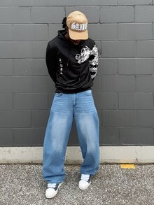 Harrin Don Harrin Don 1pc Justice Brother Vintage Washed Loose Wide Leg Jeans Pants, American Streetwear Style - Light Wash - View 1
