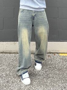 Harrin Don Harrin Don Men's Retro Loose Wide-Leg Jeans, Distressed Frayed Hem, Casual Street Style Suitable For All Seasons - Mustard Yellow - View 3