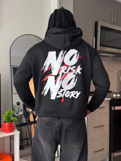 Harrin Don Harrin Don Zrgoth Men's Hoodie Autumn/Winter New American Street Style Personalized Slogan Short Phrase "NO RISK NO STORY" Print Thermal Lined Hooded Sweatshirt