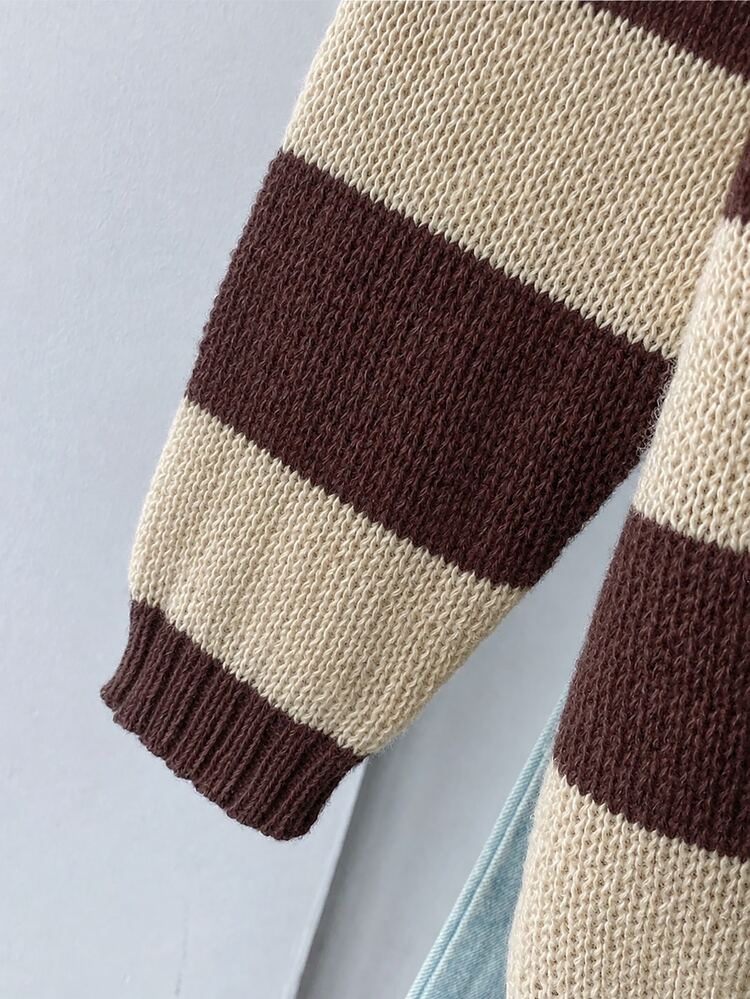 SHEIN 1pc Girls' Cardigan Sweater, Fashion Classic Colorblock Striped V-Neck Dropped Shoulder Long Sleeve, Casual Slouchy, Regular Thickness, Neat Hem, Smooth Touch, Suitable For Daily Wear, Outings, Gatherings, Spring And Autumn - Brown - View 3