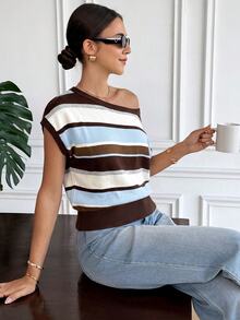 Serisse Women's Brown Stripe Asymmetrical Shoulder Colorblock Casual French Daily Knit Top, Classy Preppy Style Paris Brunch Backto School Fall Vacation - Multicolor - View 7