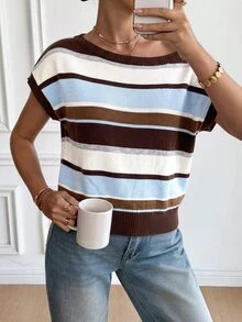 Serisse Women's Brown Stripe Asymmetrical Shoulder Colorblock Casual French Daily Knit Top, Classy Preppy Style Paris Brunch Backto School Fall Vacation - Multicolor - View 5
