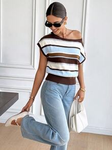 Serisse Women's Brown Stripe Asymmetrical Shoulder Colorblock Casual French Daily Knit Top, Classy Preppy Style Paris Brunch Backto School Fall Vacation - Multicolor - View 4