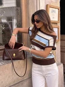 Serisse Women's Brown Stripe Asymmetrical Shoulder Colorblock Casual French Daily Knit Top, Classy Preppy Style Paris Brunch Backto School Fall Vacation - Multicolor - View 2