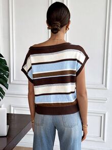 Serisse Women's Brown Stripe Asymmetrical Shoulder Colorblock Casual French Daily Knit Top, Classy Preppy Style Paris Brunch Backto School Fall Vacation - Multicolor - View 3