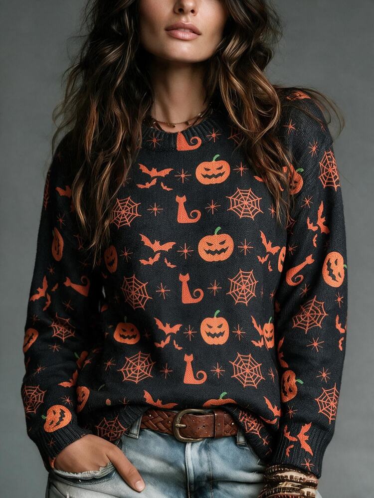 SHEIN Women's Knitted Sweater Halloween Theme Pattern Holiday Everyday Dark Orange Autumn Cute Casual - Multicolor - View 2