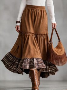 Breezaya Women's Patchwork Plaid Ruffle Hem Casual Skirt - Brown - View 3