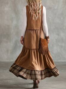 Breezaya Women's Patchwork Plaid Ruffle Hem Casual Skirt - Brown - View 2
