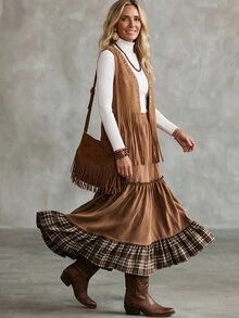 Breezaya Women's Patchwork Plaid Ruffle Hem Casual Skirt - Brown - View 6