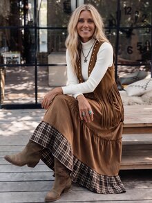 Breezaya Women's Patchwork Plaid Ruffle Hem Casual Skirt - Brown - View 4