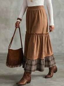 Breezaya Women's Patchwork Plaid Ruffle Hem Casual Skirt - Brown - View 5