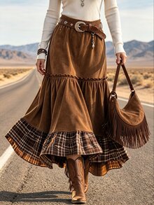 Breezaya Women's Patchwork Plaid Ruffle Hem Casual Skirt - Brown - View 1