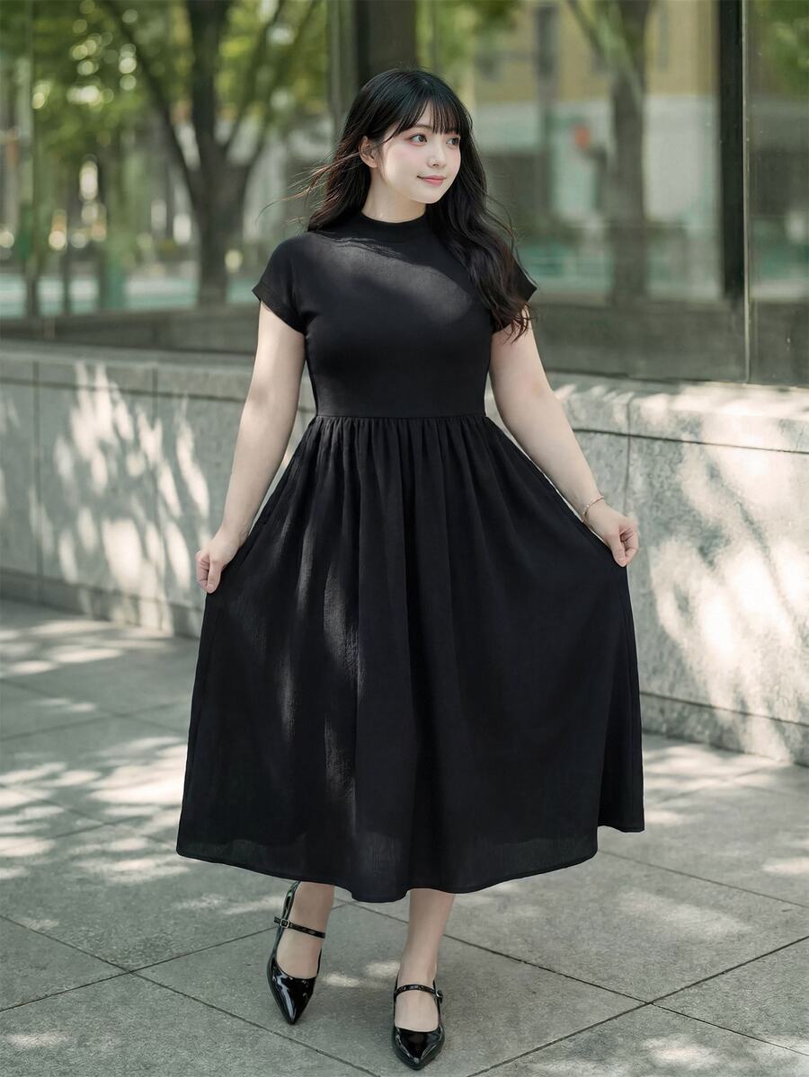 SHEIN Unity 限量版櫻花季末大尺碼黑色假領收腰喇叭裙。貼身針織上衣搭配飄逸A字裙,完美遮肚遮臀,適合梨形與蘋果形身材。適用於通勤、約會、出遊及初夏賞花。優雅日系顯瘦洋裝。適合黃金週旅遊穿搭,大尺碼女性專屬,百搭高級感。 - 黑色 - 查看 1