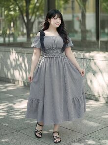 Bijouette 大尺碼夏季限量版黑白紮染無袖洋裝 泡泡袖 高腰收腰 A字裙 度假仙氣舒適休閒風 - 黑與白 - 查看 6