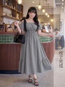 Bijouette 大尺碼夏季限量版黑白紮染無袖洋裝 泡泡袖 高腰收腰 A字裙 度假仙氣舒適休閒風 - 黑與白 - 查看 7