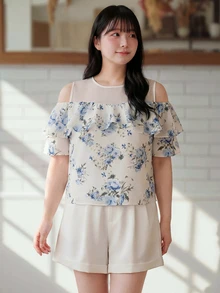 Bijouette Atasan Berenda Bahu Terbuka Motif Bunga Putih Ukuran Plus dengan Patchwork Jala, Desain Leher Bulat Jala Transparan, Cocok untuk Ulang Tahun, Kencan, Acara Malam Formal, Musim Gugur, Elegan dan Menonjol. - Blue and White - View 6