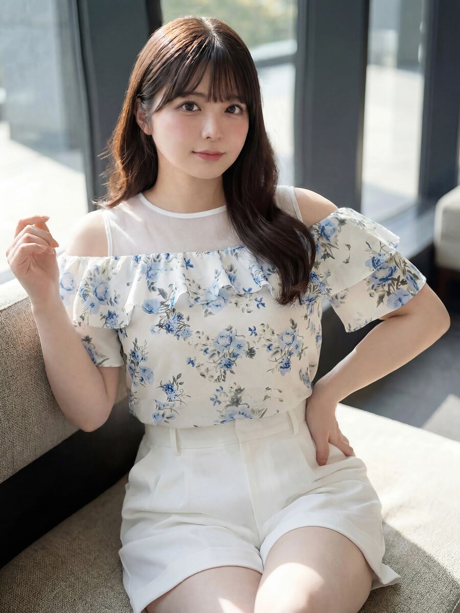 Bijouette Atasan Berenda Bahu Terbuka Motif Bunga Putih Ukuran Plus dengan Patchwork Jala, Desain Leher Bulat Jala Transparan, Cocok untuk Ulang Tahun, Kencan, Acara Malam Formal, Musim Gugur, Elegan dan Menonjol. - Blue and White - View 1