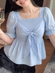 SHEIN Unity Women's Plus Size Light Blue Shirred Tie Cuff Elasticized Bell Sleeve Blouse Soft Style For Commute Dates Date Night Summer Cute Fancy - Blue - View 15