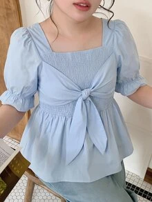 SHEIN Unity Women's Plus Size Light Blue Shirred Tie Cuff Elasticized Bell Sleeve Blouse Soft Style For Commute Dates Date Night Summer Cute Fancy - Blue - View 10