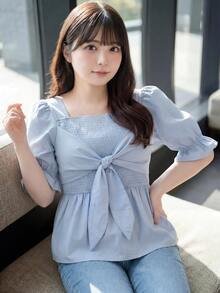 SHEIN Unity Women's Plus Size Light Blue Shirred Tie Cuff Elasticized Bell Sleeve Blouse Soft Style For Commute Dates Date Night Summer Cute Fancy - Blue - View 5
