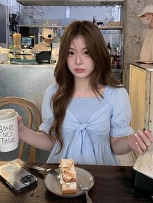 SHEIN Unity Women's Plus Size Light Blue Shirred Tie Cuff Elasticized Bell Sleeve Blouse Soft Style For Commute Dates Date Night Summer Cute Fancy - Blue - View 12