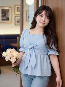 SHEIN Unity Women's Plus Size Light Blue Shirred Tie Cuff Elasticized Bell Sleeve Blouse Soft Style For Commute Dates Date Night Summer Cute Fancy - Blue - View 6