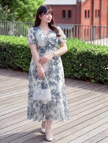 SHEIN Unity Zan Sakura 大尺碼藍白水墨碎花 V 領收腰洋裝，復古優雅中式風滿版印花泡泡袖洋裝 - 藍白色 - 查看 6
