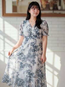 SHEIN Unity Zan Sakura 大尺碼藍白水墨碎花 V 領收腰洋裝，復古優雅中式風滿版印花泡泡袖洋裝 - 藍白色 - 查看 4