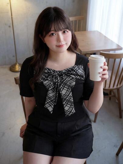 SHEIN Unity Crop Top Wanita Ukuran Besar dengan Hiasan Pita, Kasual, Imut, Gaya Y2k, Cocok untuk Sehari-hari, Liburan, Kembali ke Sekolah, Kencan, Malam Hari, dan Jalan-jalan, Kaos Lengan Pendek, Hitam Putih, Musim Panas