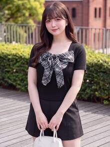 SHEIN Unity 大尺碼女款蝴蝶結裝飾休閒百搭日常出遊短袖T恤 - 黑色 - 查看 11