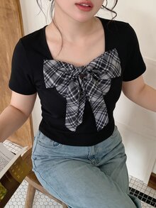 SHEIN Unity 大尺碼女款蝴蝶結裝飾休閒百搭日常出遊短袖T恤 - 黑色 - 查看 9