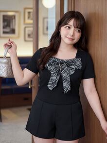 SHEIN Unity 大尺碼女款蝴蝶結裝飾休閒百搭日常出遊短袖T恤 - 黑色 - 查看 3