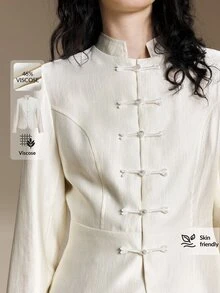 Ontre Women's Outfit Beach Night Party Wear Holiday Country Style Concert 2026SS Autumn/Winter Off-White Frog Button Long Sleeve Jacket 70s Retro - Apricot - View 2