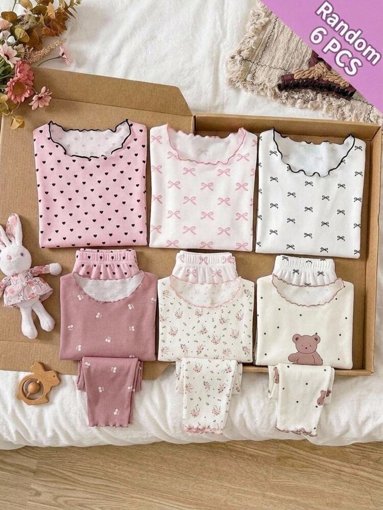 SHEIN Tween Girl Tween Girl Casual Cute Cartoon Bear, Flower, Cherry Print Ruffle Round Neck Short Sleeve Long Pants Comfortable Knit Pajama Set, 6-Piece Random Assortment - Multicolor - View 7