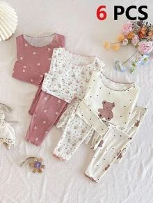 SHEIN Tween女孩休閒可愛卡通熊、花朵、櫻桃印花荷葉邊圓領短袖長褲舒適針織睡衣套裝，6件隨機組合 - 彩色 - 查看 3