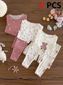 SHEIN Tween女孩休閒可愛卡通熊、花朵、櫻桃印花荷葉邊圓領短袖長褲舒適針織睡衣套裝，6件隨機組合 - 彩色 - 查看 6