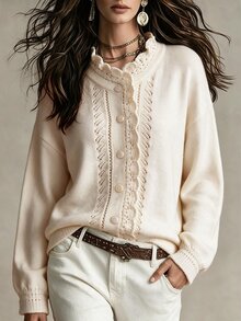Sprig & Strand Elegant Vintage Lace Ruffle 3D Collar Spring/Autumn Women's Thin Cardigan Brunch Cream White - Apricot - View 1