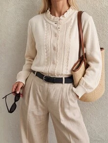 Sprig & Strand Elegant Vintage Lace Ruffle 3D Collar Spring/Autumn Women's Thin Cardigan Brunch Cream White - Apricot - View 3