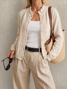 Sprig & Strand Elegant Vintage Lace Ruffle 3D Collar Spring/Autumn Women's Thin Cardigan Brunch Cream White - Apricot - View 5