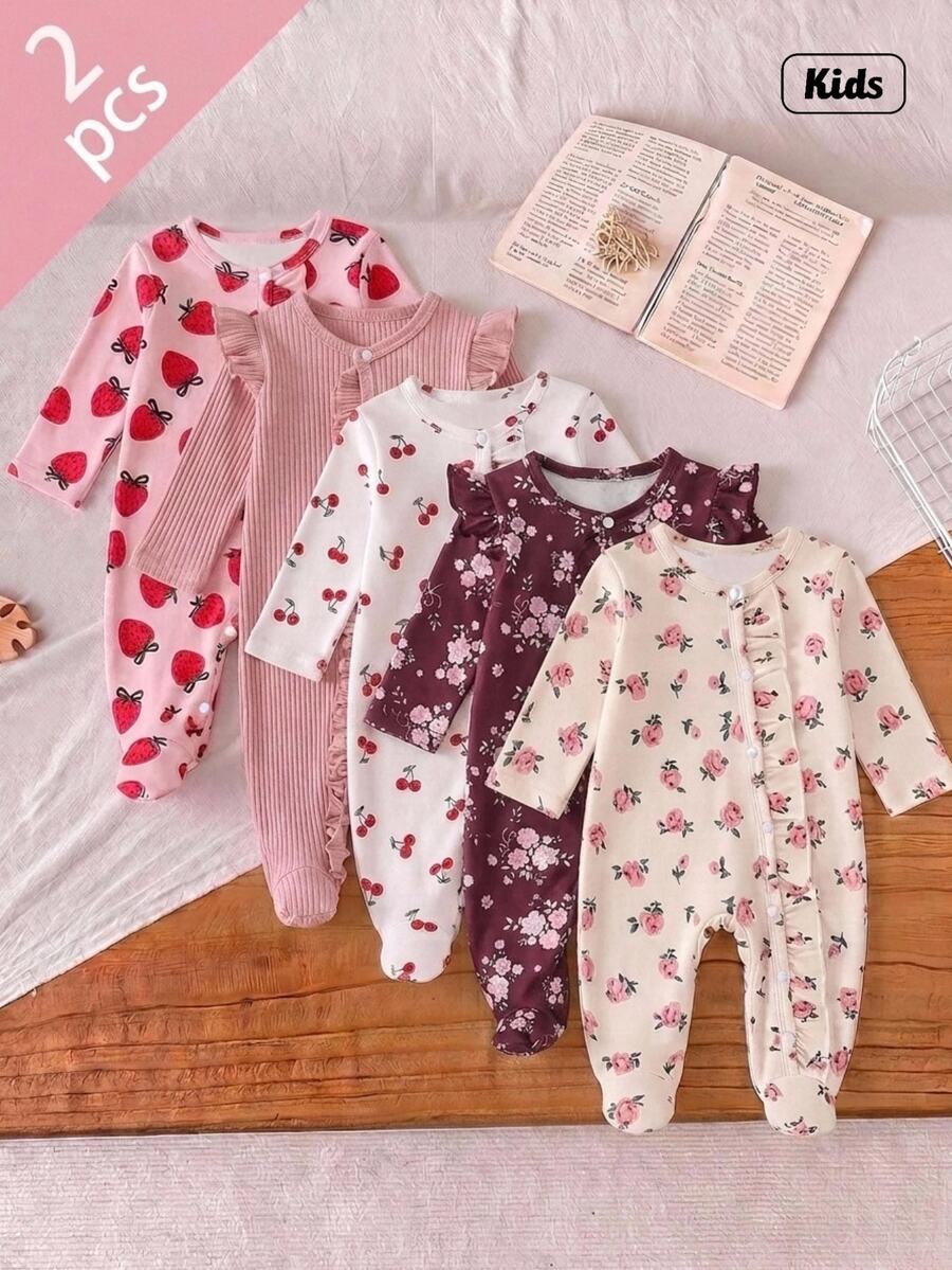 4 Packs Newborn Baby Girl Rompers With Cute Floral Pattern, Ruffle Trim, Flutter Sleeves, Long Sleeves, Footed Bodysuit, Bow Hat, Floral Headband, Home Wear 4-Piece Set - Pink - View 1