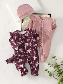4件組新生女嬰連身衣套裝，可愛花卉圖案、荷葉邊飾、飛袖、長袖連腳連身衣，附蝴蝶結帽子與花卉髮帶，居家穿著4件套 - 粉色 - 查看 2