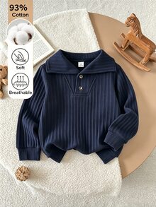 SHEIN Boys' Spring/Autumn Deep Blue Ribbed Collar Long Sleeve Shirt, Gentleman Minimalist Versatile Comfortable Casual Suitable For Indoor/Outdoor Activities And Multiple Occasions - Navy Blue - View 1