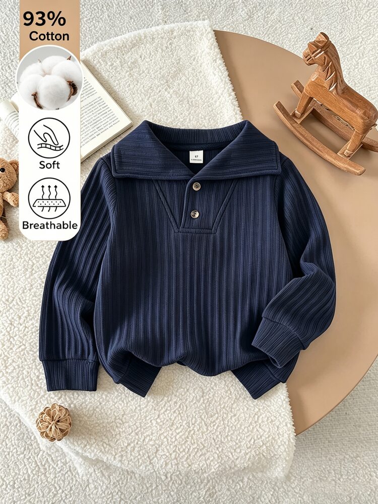 SHEIN Boys' Spring/Autumn Deep Blue Ribbed Collar Long Sleeve Shirt, Gentleman Minimalist Versatile Comfortable Casual Suitable For Indoor/Outdoor Activities And Multiple Occasions - Navy Blue - View 1