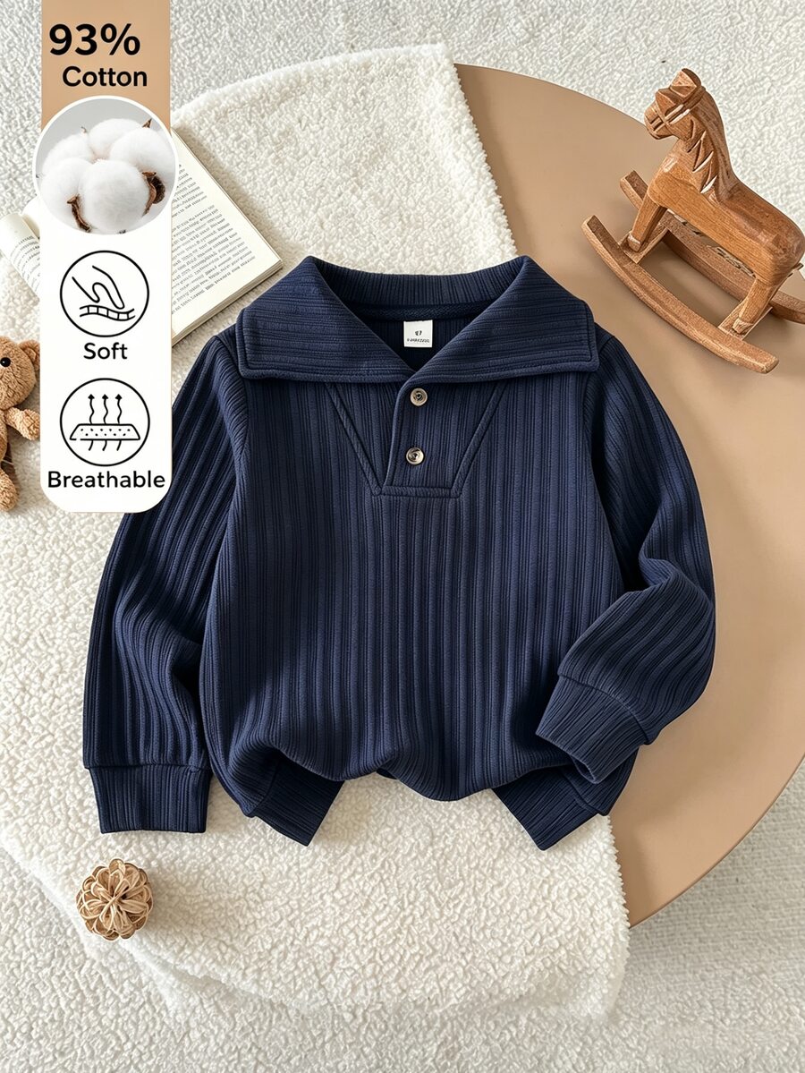 SHEIN Boys' Spring/Autumn Deep Blue Ribbed Collar Long Sleeve Shirt, Gentleman Minimalist Versatile Comfortable Casual Suitable For Indoor/Outdoor Activities And Multiple Occasions - Navy Blue - View 1