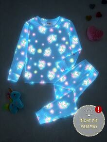 2pcs/Set Girls Knit Round Neck Fitted Set, Blue Long Sleeve Top & Pants, Cartoon Cute Colorful Unicorn & Heart Fluorescent Print, Casual Comfortable Soft Minimalist Loungewear, Spring/Autumn - Blue - View 3