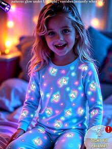 2pcs/Set Girls Knit Round Neck Fitted Set, Blue Long Sleeve Top & Pants, Cartoon Cute Colorful Unicorn & Heart Fluorescent Print, Casual Comfortable Soft Minimalist Loungewear, Spring/Autumn - Blue - View 8
