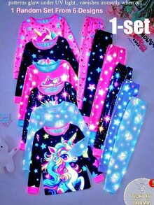 2pcs/Set Girls Knit Round Neck Fitted Set, Blue Long Sleeve Top & Pants, Cartoon Cute Colorful Unicorn & Heart Fluorescent Print, Casual Comfortable Soft Minimalist Loungewear, Spring/Autumn - Blue - View 1